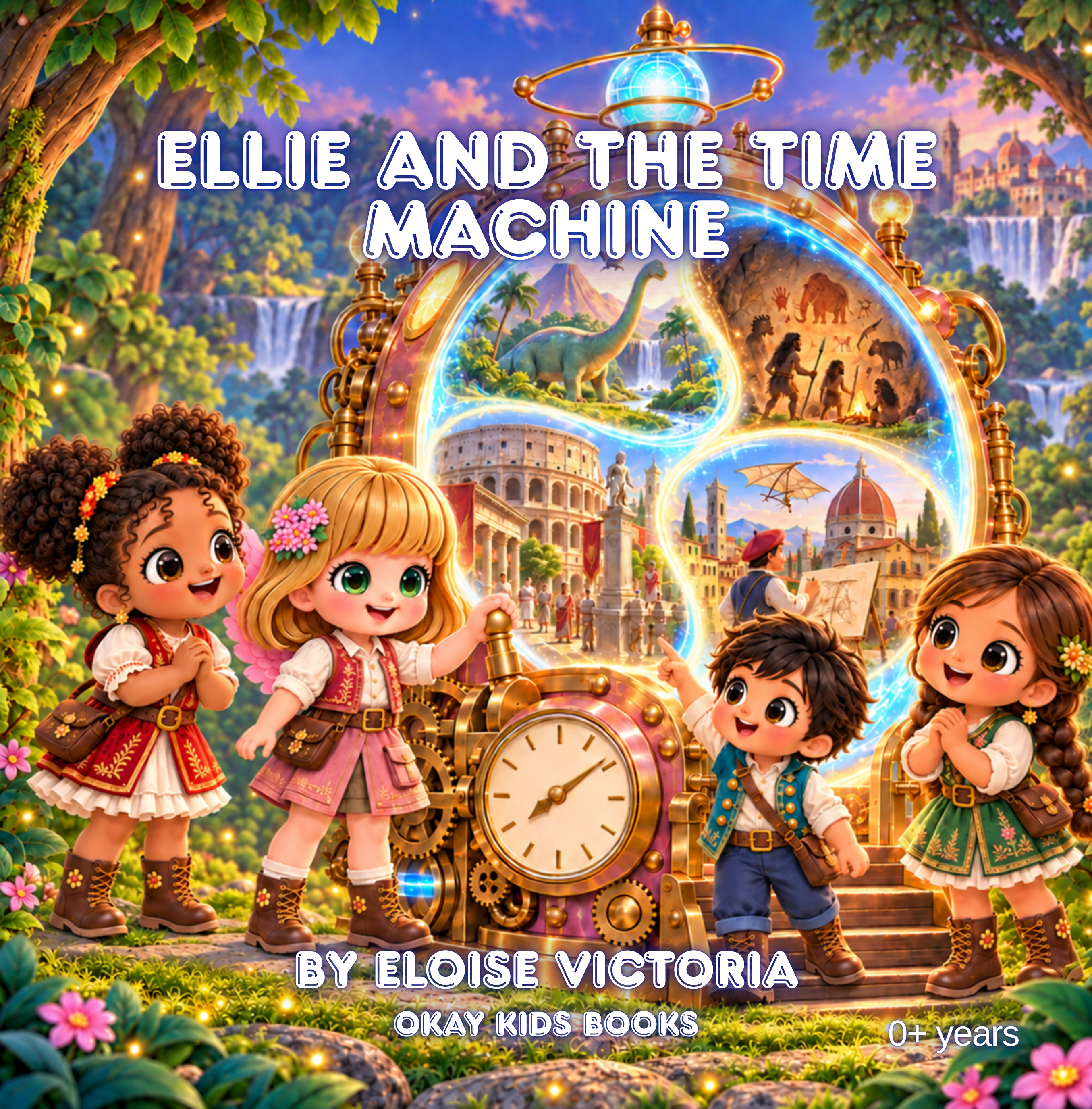 Ellie and the Time Machine book cover, by Eloise Victoria, with Ellie and three friends beside a glowing time machine
