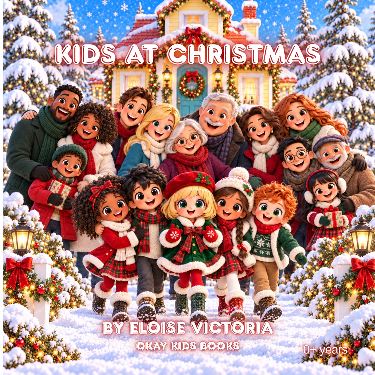 A multigenerational family and children gathered outside a decorated snowy home for Kids at Christmas
