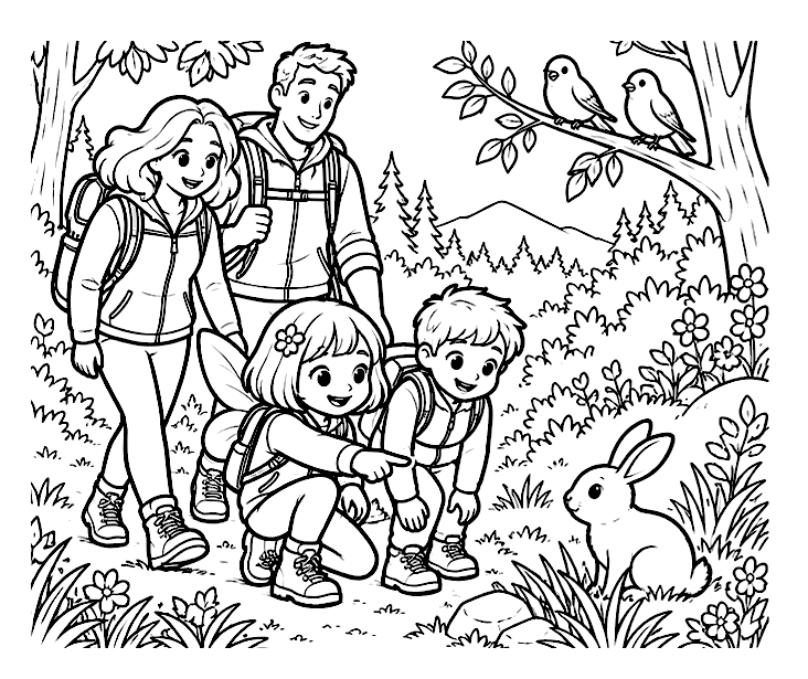 Spotting woodland friends colouring page