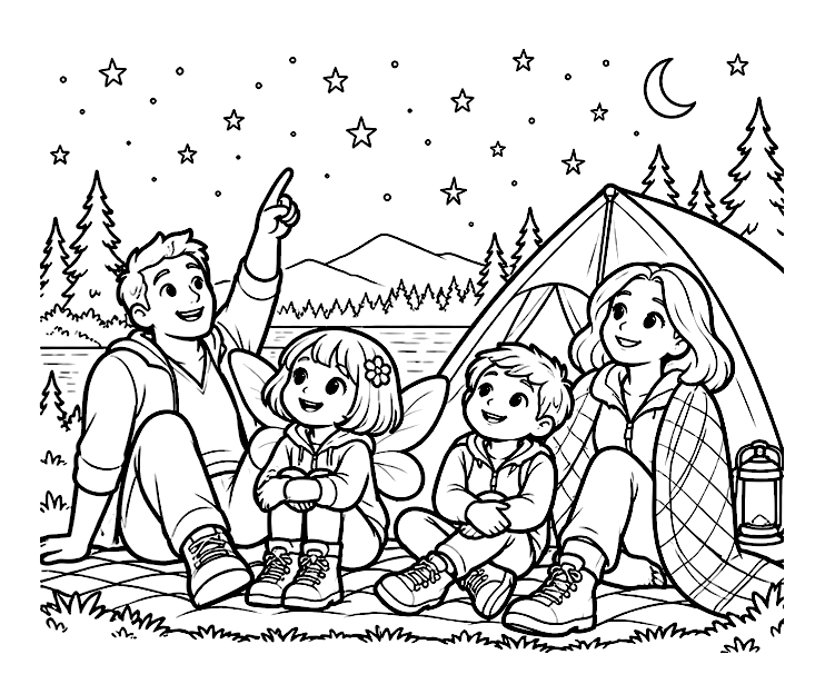 Stargazing by the tent colouring page