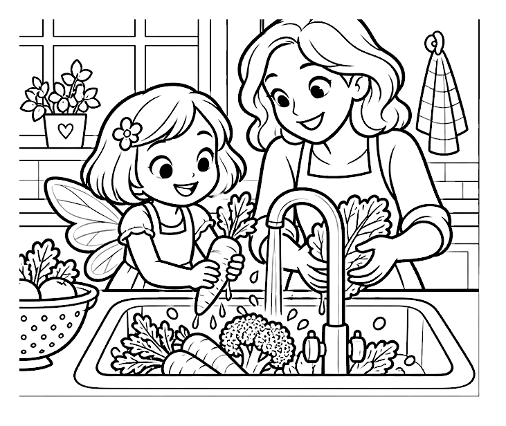 Washing fresh vegetables colouring-page preview