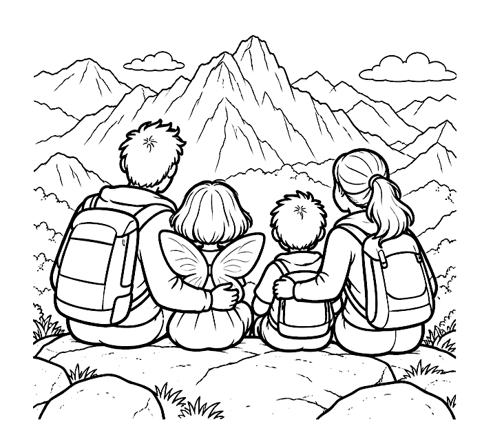 A family mountain view colouring page