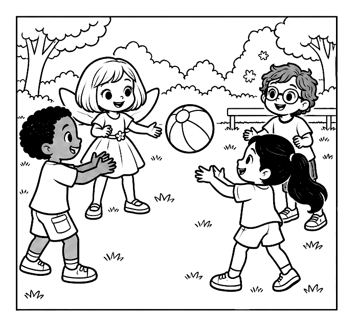 Passing the ball together colouring page