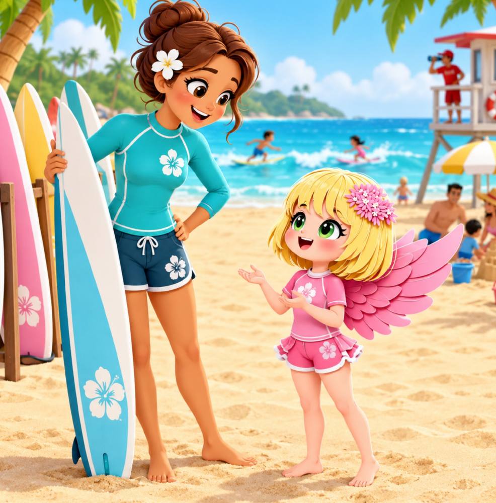 Ellie meeting her surfing instructor on a sunny beach